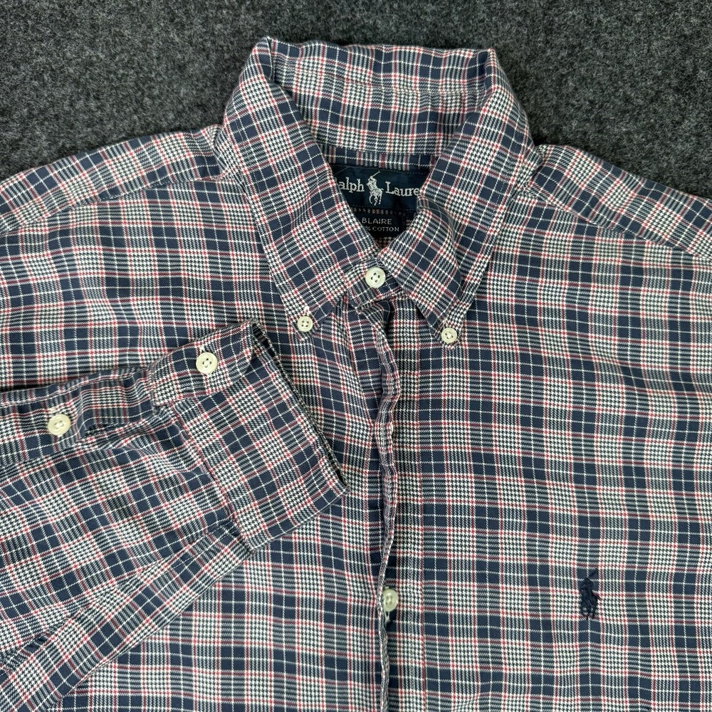 Ralph Lauren Mens L Blaire Plaid Button Down Shirt Navy Red 100% Cotton Preppy